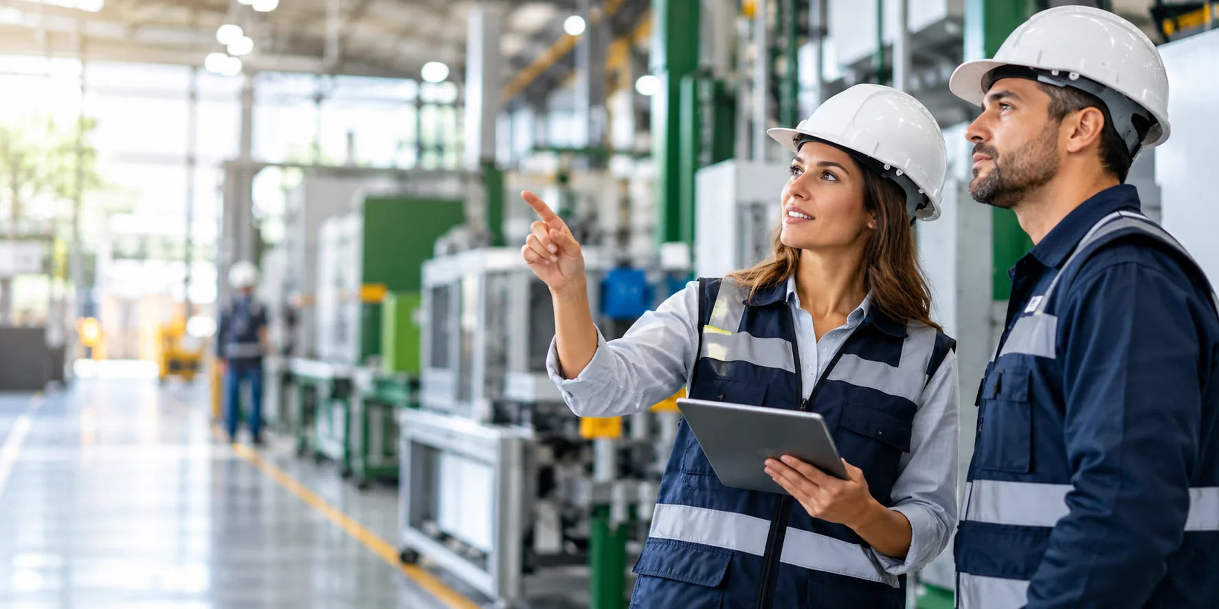 Imagem ilustrativa de profissionais de segurança do trabalho acompanhando uma operação industrial